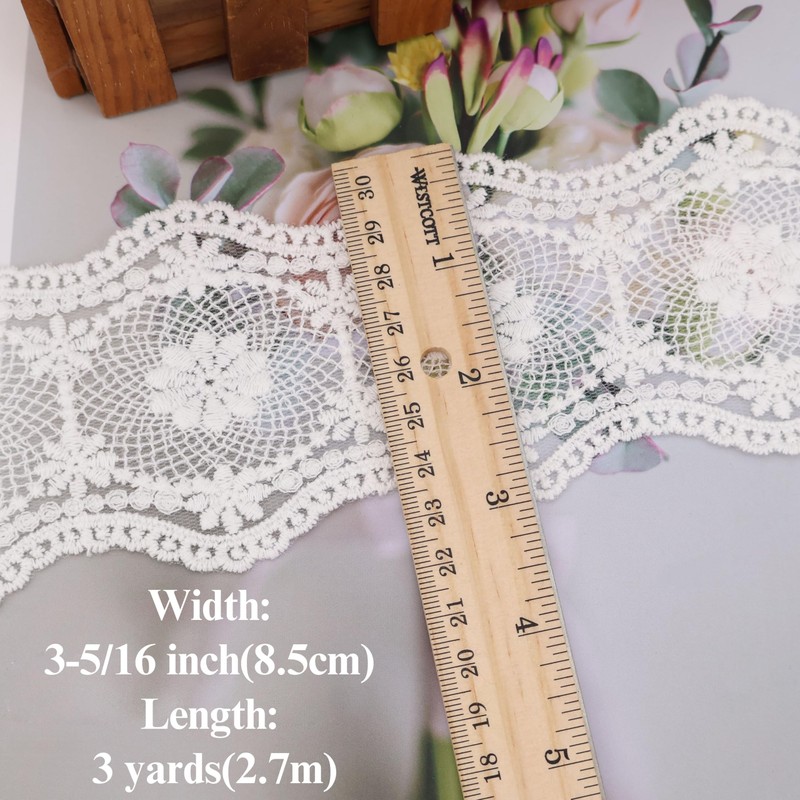 Borde de encaje de algodón blanco clásico de 8,5 cm