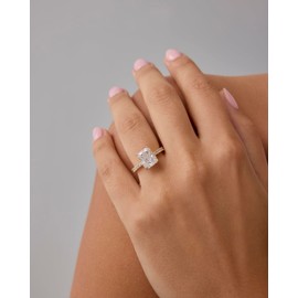 PAVOI Rhodium Plated Emerald Cut Cubic Zirconia Engagement Ring for Women | Pave Band Promise Jewelry | Fake Wedding Ring | Size 9, White Gold, Cubic Zirconia