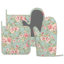 HEROARMOUR Pink Flower Oven Mitts Pot Holders Set Silicone Kitchen Gloves Vintage Spring Romantic Bloom Floral and Leaf Green Potholders Non-Slip Heat Resistant for Chef Baking 4 pcs Kitchen Mitts