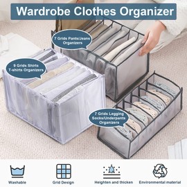 KesaPlan 3Pcs Wardrobe Clothes Organizer, 7/7/9 Grids Visible Foldable Closet Organizers, Compartment Storage Box with Mesh Separation, Washable Drawer Dividers Organizers (Pants+T-Shirt+Legging)