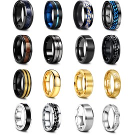 EIELO 16Pcs Stainless Steel Band Rings for Men Cool Black Gold Silver Plated Rings Comfort Fit Fidget Spinning Chain Ring Fashion Simple Mens Wedding Engagement Ring Set 12
