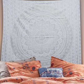 FURNISHFUL FINESSE Small Mandala Tapestry Indian Aesthetic Wall Tapestries for Bedroom Psychedelic Ombre Wall Decor Boho Bohemian Wall Art & Home Dorm Decorative - White Silver - 30x40 Inches