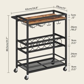 MAHANCRIS Bar Cart for Home, 3-Tier Serving Cart with Wine Rack, Rolling Wine Cart with Glass Holders, Mug Holder, Beverage Cart, for Living Room, Dining Room, Rustic Brown and Black RCHR11801