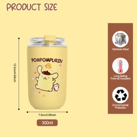 HOOKTA Kitty Purin Water Bottle, 280 ml, Leak-Proof Water Bottle with Straw, Drinking Cup, Stainless Steel Bottle for Work, Travel, Outdoor, School (Yellow)