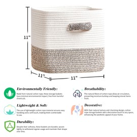 R RUNKA Storage Cube Baskets 3-Pack - 11 inch Square Baskets, Closet & Shelves Organizers - Woven & Drawer Storage - Ideal for Toys | White & Beige