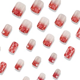 24Pcs Heart Fake Nails Valentines Press on Nails Short Square Glue on Nails Red Glitter French Tip False Nails Glossy Designs Valentines Acrylic Nails Full Cover Stick on Nails for Women Girls