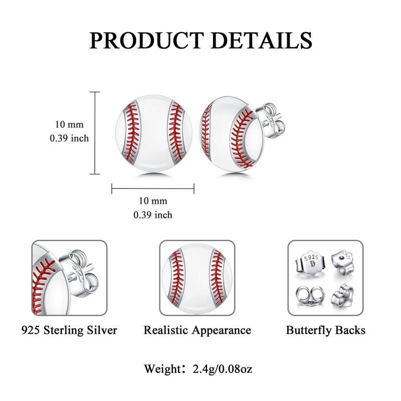SHUSUKUE Baseball Earrings for Women Sterling Silver Baseball Stud Earrings