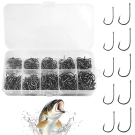 500 PCS Barbed Fishing Hooks, Eyed Sea Fishing Hooks High Carbon Steel Carp Tackle Carp Circle Gear Extra Strong Sharp for Saltwater Freshwater Accessories 10 Sizes with Plastic Compartment Box