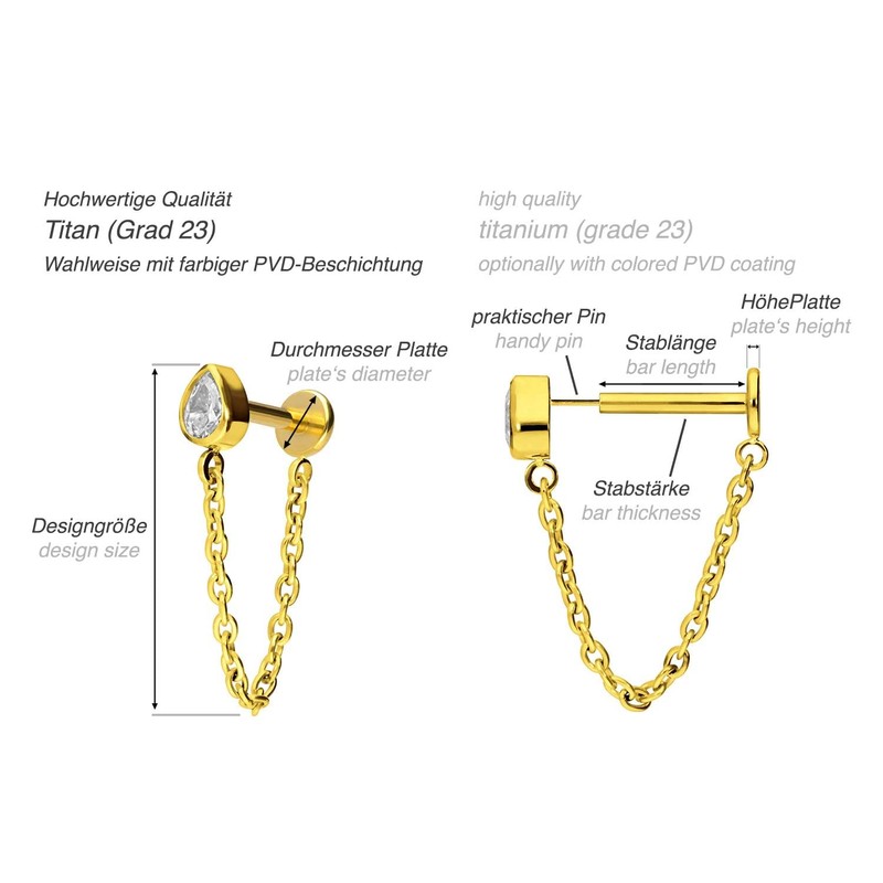 PIERCINGLINE Titanium Labret with Push Fit Crystal Drops + Chain