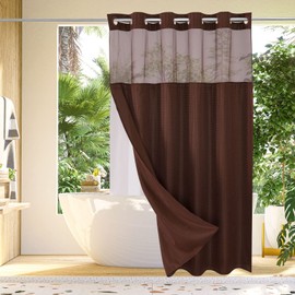 Gibelle No Hook Waffle Weave Shower Curtain with Snap-in Fabric Liner Set for Bathroom, Hotel Style with Mesh Top Window, Waterproof & Washable, Brown, 72x74