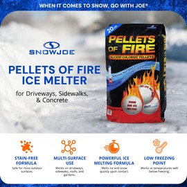 Snow Joe Pellets of Fire Snow & Ice Melt, Blue-Tinted Pellet-Form Calcium Chloride, 20 lb - Fast-Acting Melter for Driveway, Sidewalks, & Roofs, CP20