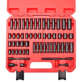 SONIGEKOSocket Set 1/4" Drive Impact Socket Set,55-Piece 6 Point Deep,Standard SAE and Metric CR-V Steel Sockets with extension bars: 2",4",6",Universal Joint, Adapter (1/4" 55 PCS SAE & Metric)