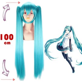 Long Blue Straight Wig with 2 Ponytails Anime Party Vocaloid Hatsune Miku Cosplay Wig Clip on 100 cm / 39 inches Synthetic Fibre