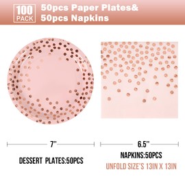 CENLBJ Pink and Rose Gold Paper Plates- 100 Pack- 50 x 7 Dessert Plates & 50 x 6.5 Napkins, Pink Paper Plates and Napkins Party Supplies for Baby Showers, Birthdays and All Occasions
