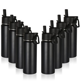Volhoply 18oz Insulated Water Bottle Bulk 8 Pack,Kids Stainless Steel Water Bottles with Straw Lid,Wide Mouth Reusable Metal Thermos Bottle,Double Wall Vacuum Sports Flask For Cold Drink(Black,8 Set)