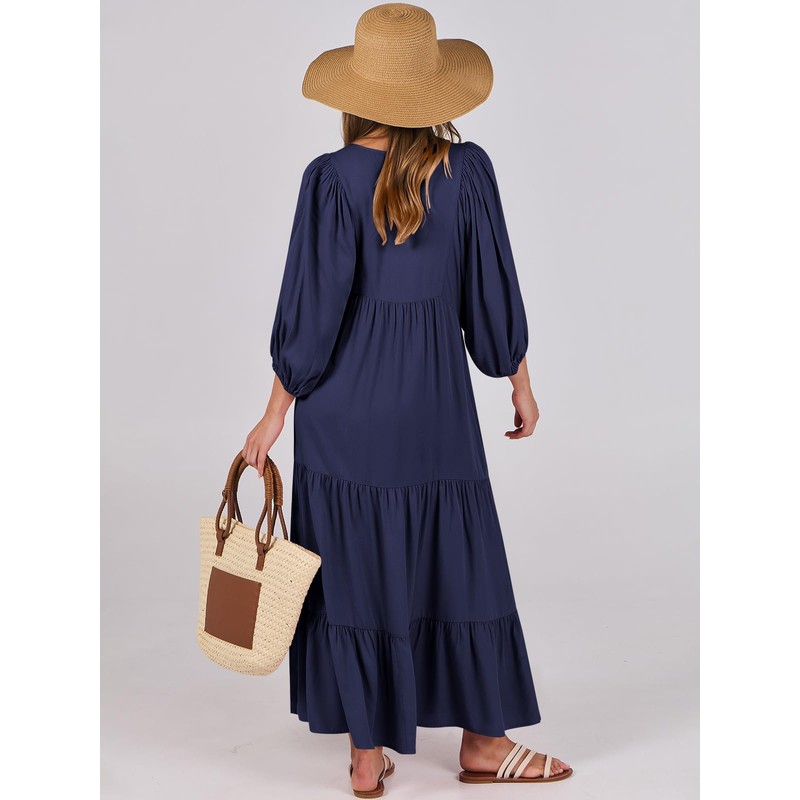 ANRABESS Womens Boho Maxi Dresses 2025 Summer V Neck Puff