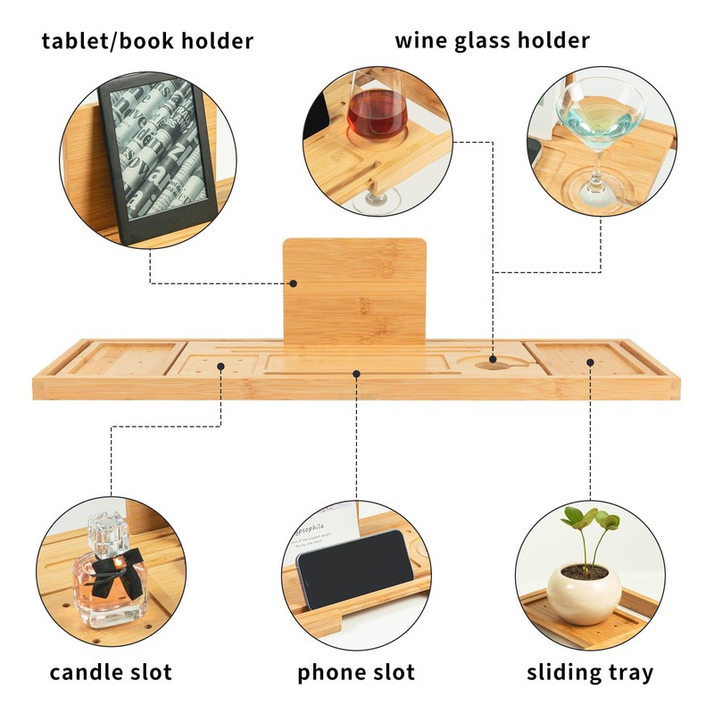 Utoplike Bamboo Bathtub Tray Caddy for Tub, Bath Table Bathroom