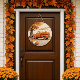 Tuquland Fall Decorations for Home 11.8in Hello Fall Door Sign Wall Decor Maple Leaves Truck Pumpkin Wreaths Signs Wooden Hanging Sign for Front Door Autumn Thanksgiving Porch Indoor Outdoor Decor