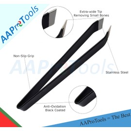 AAProTools 4.6" Tactical Black Fish Bone Tweezers Stainless Steel Slant Tip Tweezers Pliers Remover Tool