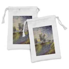 Ambesonne Woodland Fabric Pouch Set of 2, Watercolor Style River Scene Floral Composition with Trees Pastoral Nature, Small Drawstring Bag for Toiletries Masks and Favors, 9" x 6", Apple Green Blue