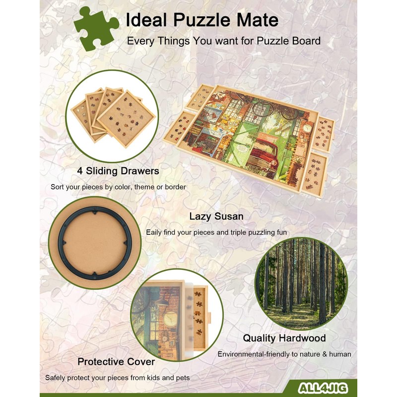 ALL4JIG 1000 Piece Rotating Puzzle Board with Drawers 22"x30"Portable Wooden