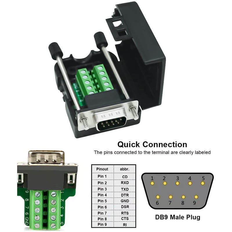 DTECH DB9 Breakout Connector to Wiring Terminal Board DB-9 Male