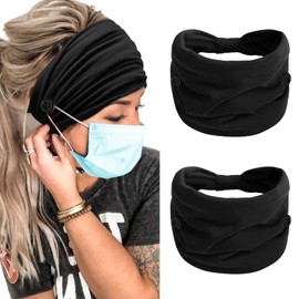 TERSE TERSE 2 Packs Headbands with Buttons for Mask Ear Savers 7' Extra Wide Non Slip Nurse Headband for Women Men Doctors Black Elastic Ears Protector Head Bands Sweatband Hair Accessories