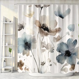 Sanzugh Boho Floral Shower Curtain, Cream Tan Beige Blue Grey White Watercolor Flower Fabric Shower Curtains Set for Bathroom Decoration with Hooks 72 X 72 inch Cute Farmhouse Bath Decor