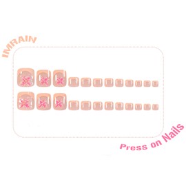 IMRAIN French Tip Press on Toenails Square Short Fake Toe Nails 3D Pink Flower False Toenails Acrylic Artificial Orange Nail Supplies Full Cover Glossy Summer Glue on Toe Nails for Women