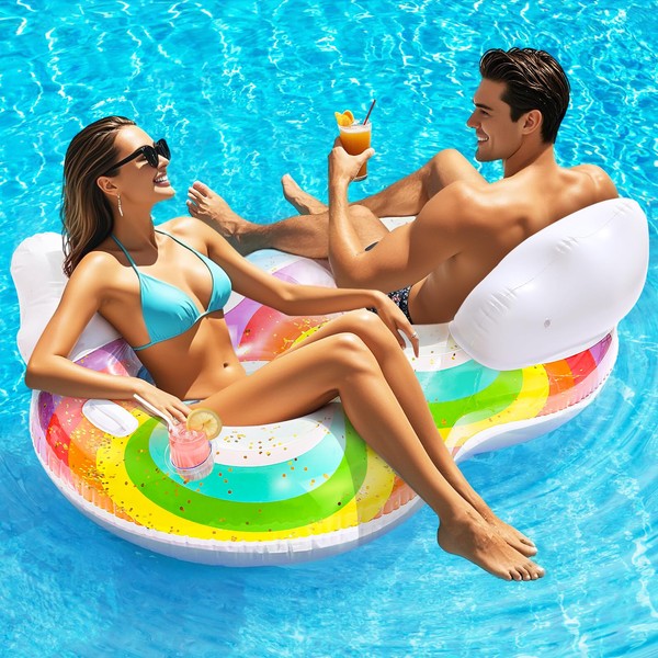 HeySplash Pool Floats Adult, 2 Seat Inflatable Rainbow Float with