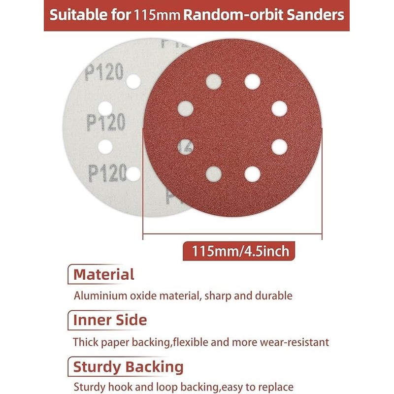 115mm Hook and Loop Sanding Discs (60/100/150/180/240 Grit)