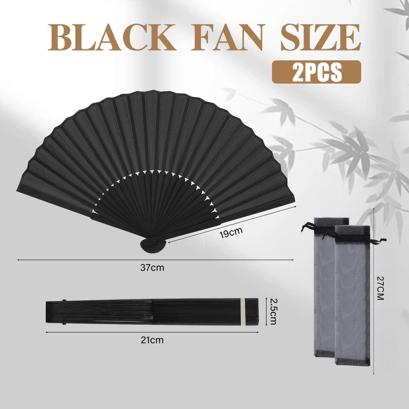 JOOTUEPO Black Folding Hand Fan, 2 Pack Black Silk Fabric
