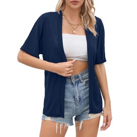 TASAMO Women's Lightweight Short Sleeve Split Cardigans Versatile Summer Outerwear（Navy Blue, Medium）