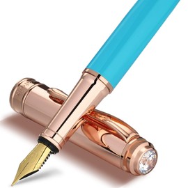 MCNTEIK Turquoise Pen with 8MM Diamond-Stunning Luxury Fountain Pen, Schmidt 18K Gold Plated Nib (Fine), Real Rose Gold Finish, Fancy Pen Gift Set for Women, Executive, Nice, Beautiful Designer Pens