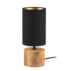 Reality Leuchten Woody R50171980 Table Lamp Matt Black Metal Base Wood Fabric Shade Black/Gold Excl. 1x E27