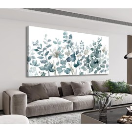 LUEAXRG Abstract Floral Wall Art - Flower Canvas Pictures Living Room Wall Decor, Indigo Grey Green Grass Painting Modern Landscape Prints Botanical Artwork for Bedroom Kitchen Office Decor 20"x40"