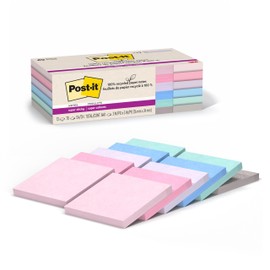 Post-it Notas sper adhesivas de papel 100 reciclado, 3 pulgadas x 3 pulgadas, 12 blocs, 70 hojas por bloc, pasteles Wanderlust, organizacin de Ao...  