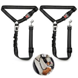 2 Pcs Adjustable Dog Car Seat Belt, Anti Shock Elasticated Cushioned Pet Seat Belt for Car Vehicle (Black+ Black)