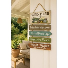 KAMACA Garden Rules Wooden Sign with Sayings, Vintage Decorative Sign with Jute Cord, Garden Wall Decoration for Patio, Balcony, Arbor, Garden Shed Shabby Chic Style Sign with Garden Rules (Wooden