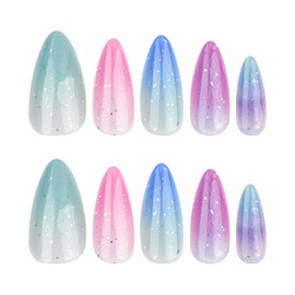 BABALAL Press on Nails Medium Almond Fake Nails Blue Pink Colorful Glue on Nails Sparkly Glitter Bling Acrylic Nails 24Pcs Stiletto Manicure Stick on Nails Glossy Artificial Nails