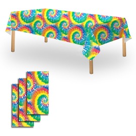 OQOQ Tie Dye Rainbow Table Cloth(Swirl,3 Packs), 137x274cm Tie Dye Party Decorations Tablecloth Disposable Plastic Table Cover for Birthday Pride 50s 60s Groovy Party Supplies