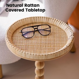 HuiDao Drink Table，Rattan Round Small Side Table for Small Spaces, Boho Circle End Table Coffee Table with Solid Wood Leg for Living Room, Pedestal Table for Bedroom, Corners