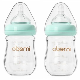 Glass Baby Bottles, Anti Colic Breastfeeding Bottle with Natural Response Nipple for Newborn Preemie 0+ Month, BPA Free, Wide Neck, Blue/2Pack/5oz