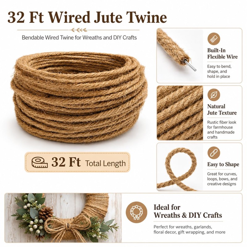 32 Ft Wired Jute Twine, Bendable Wired Twine for Wreaths