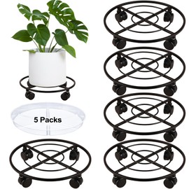 5 Packs Large Metal Plant Caddy 13.5" Heavy-Duty Plant Dolly with PU Wheels Wrought Iron Rolling Plant Stand with Casters Indoor Outdoor Plant Pot Movers Planter Rollers Coaster Trolley, Black