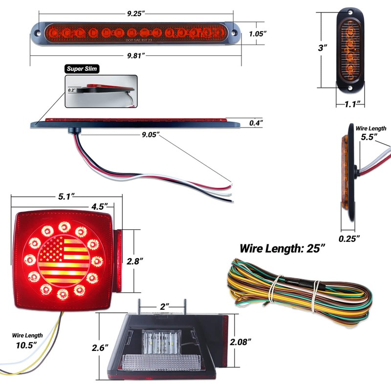 XtraGlow Submersible Square LED Trailer Tail Light Kit American Flag