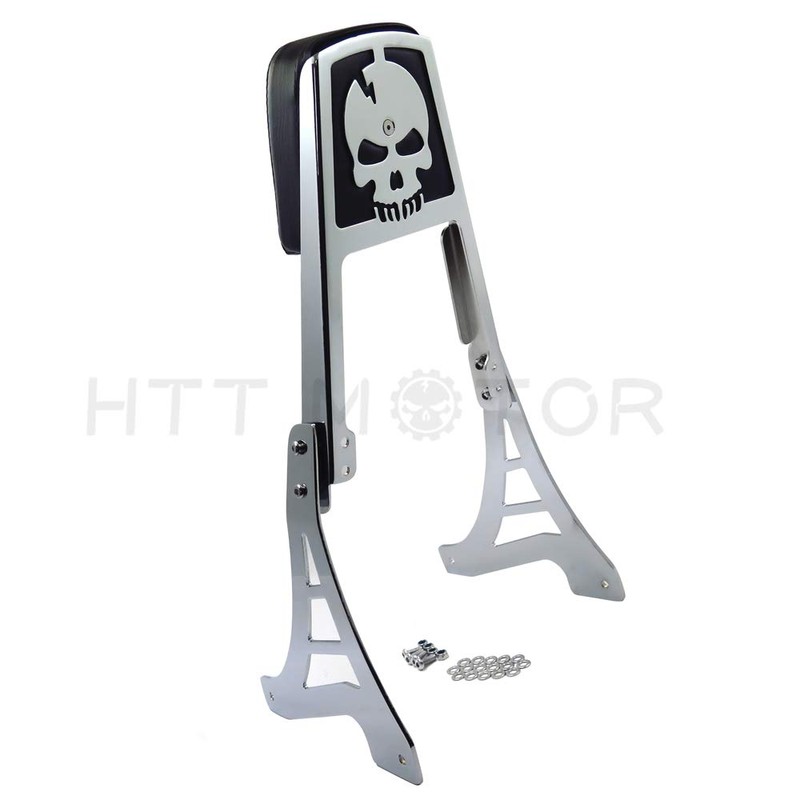 XKMT-Chrome Skull Backrest Sissy Bar With Leather Pad Compatible With