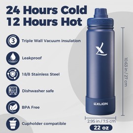 Lexlion Tea Infuser Water Bottle 22 Oz – Triple Wall Insulated Stainless Steel, Loose Leaf & Fruit Strainer, 3 Leakproof Lids, BPA-Free Silicone Sleeve, Reusable Thermal Mug