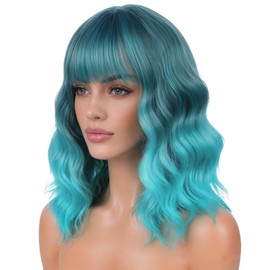 Dark Blue Ombre Wigs for Women Short Turquoise Wig with Bangs