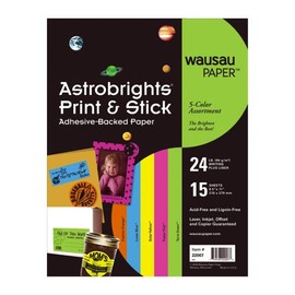 Wausau Astrobrights Print and Stick Adhesive Backed Printable Sheets #22007, 15 Count 3 of Each Bright Color Terra Green, Pulsar Pink, Solar Yellow, Lunar Blue, Cosmic Orange.